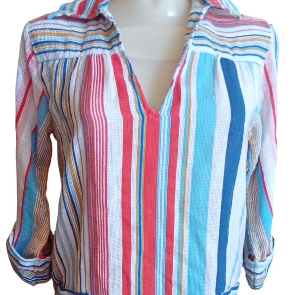 Medium Vintage Hippy Top Colorful Striped 1970's Boho Tunic Shirt Pocket Shapely